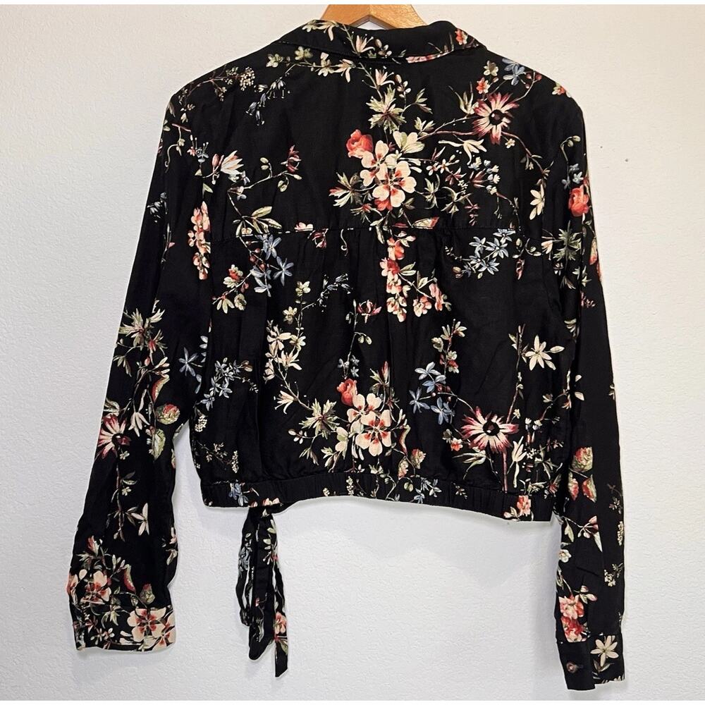 Anthropologie Pilcro Top Size L Black Floral Cropped Waist-tie Linen Blend Fall - Picture 3 of 14
